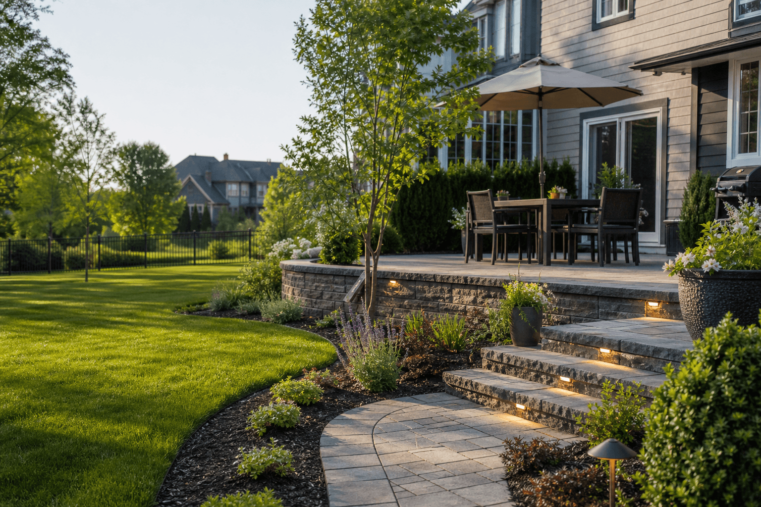 Completed residential backyard landscape with stone patio, fresh lawn, layered plants, and path lighting